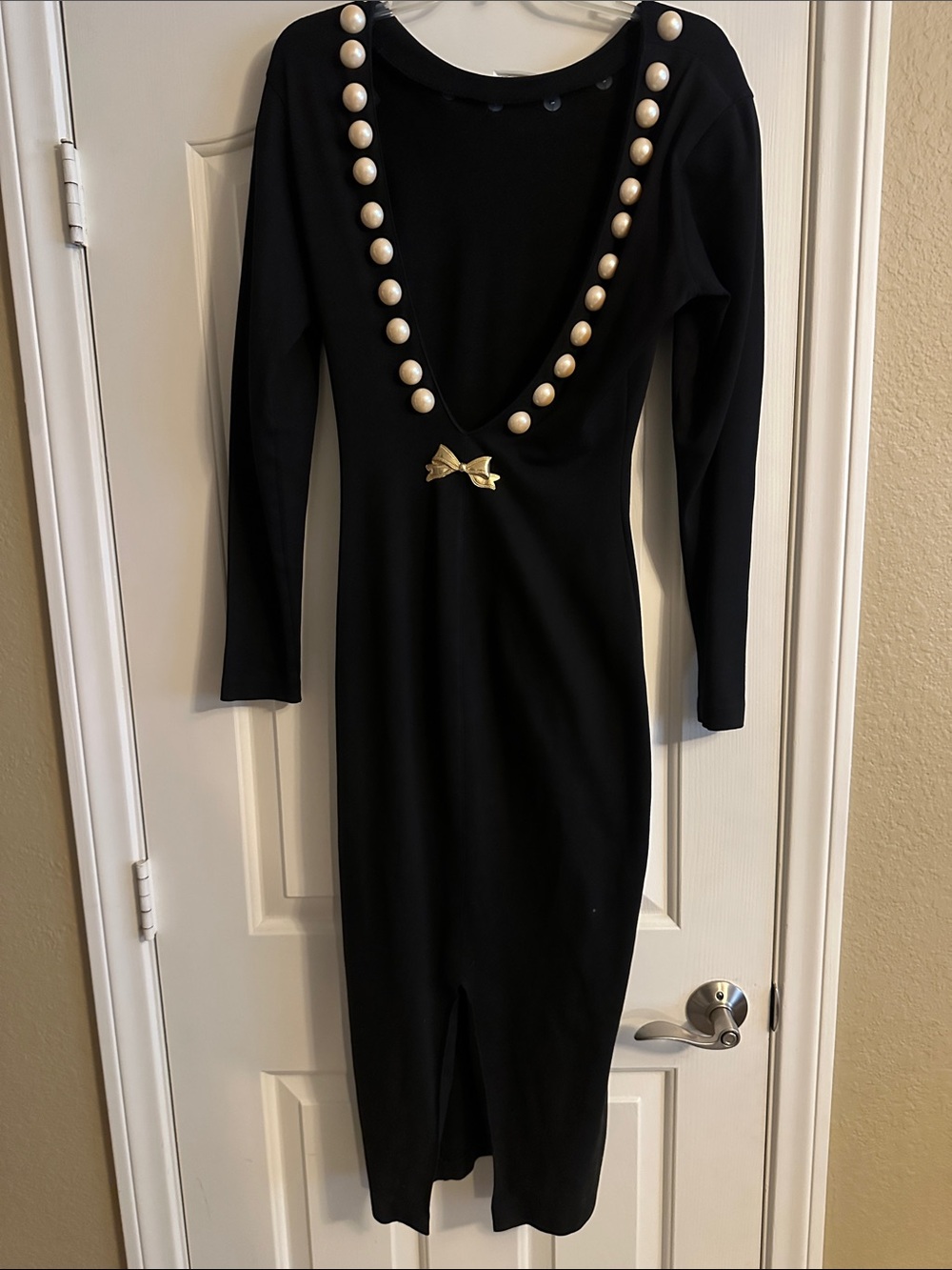 Andrea Jovine Black Long-Sleeve Midi Dress with Pearl Trim and Gold Bow Accent